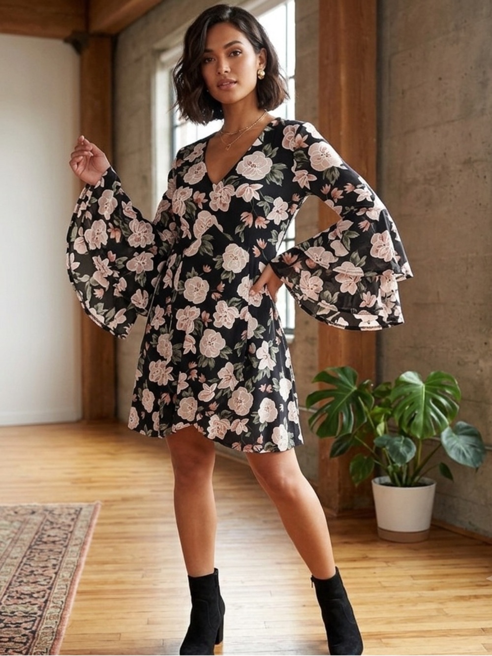 Siren Lily Black Dress with Pink Flowers, Bell Sleeves, Women’s Size Medium